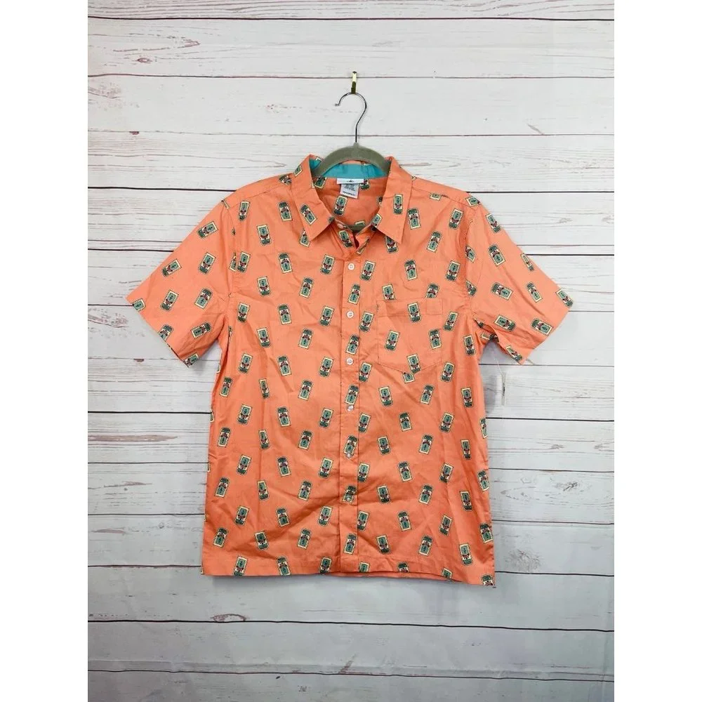 Disney Orange Short Sleeve Button-Down Shirt with Character Print